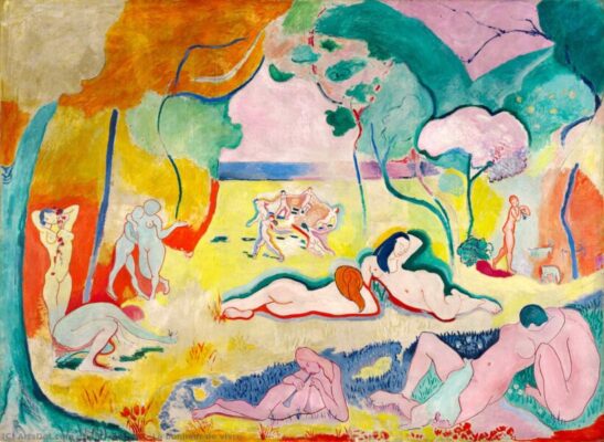 Cours d'histoire de l'art - Tableau "Le Bonheur de vivre" de Henri Matisse scène pastorale et idyllique aux lignes sinueuses et aplats de couleurs vives.